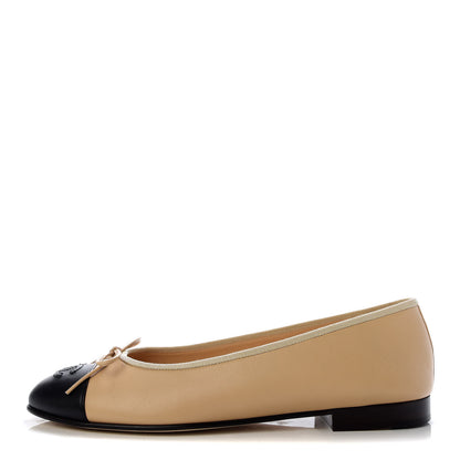 Chanel Lambskin Cap Toe CC Ballerina Flats 39.5 Beige Black 1 of 10