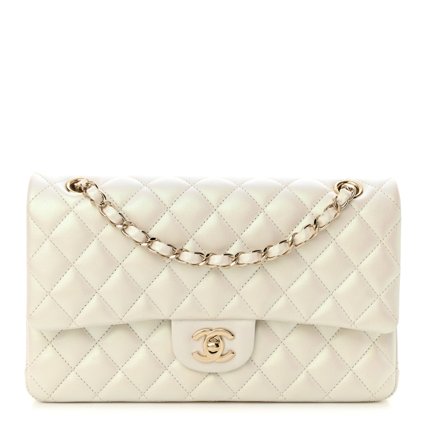 Iridescent Calfskin Quilted Medium Double Flap White White