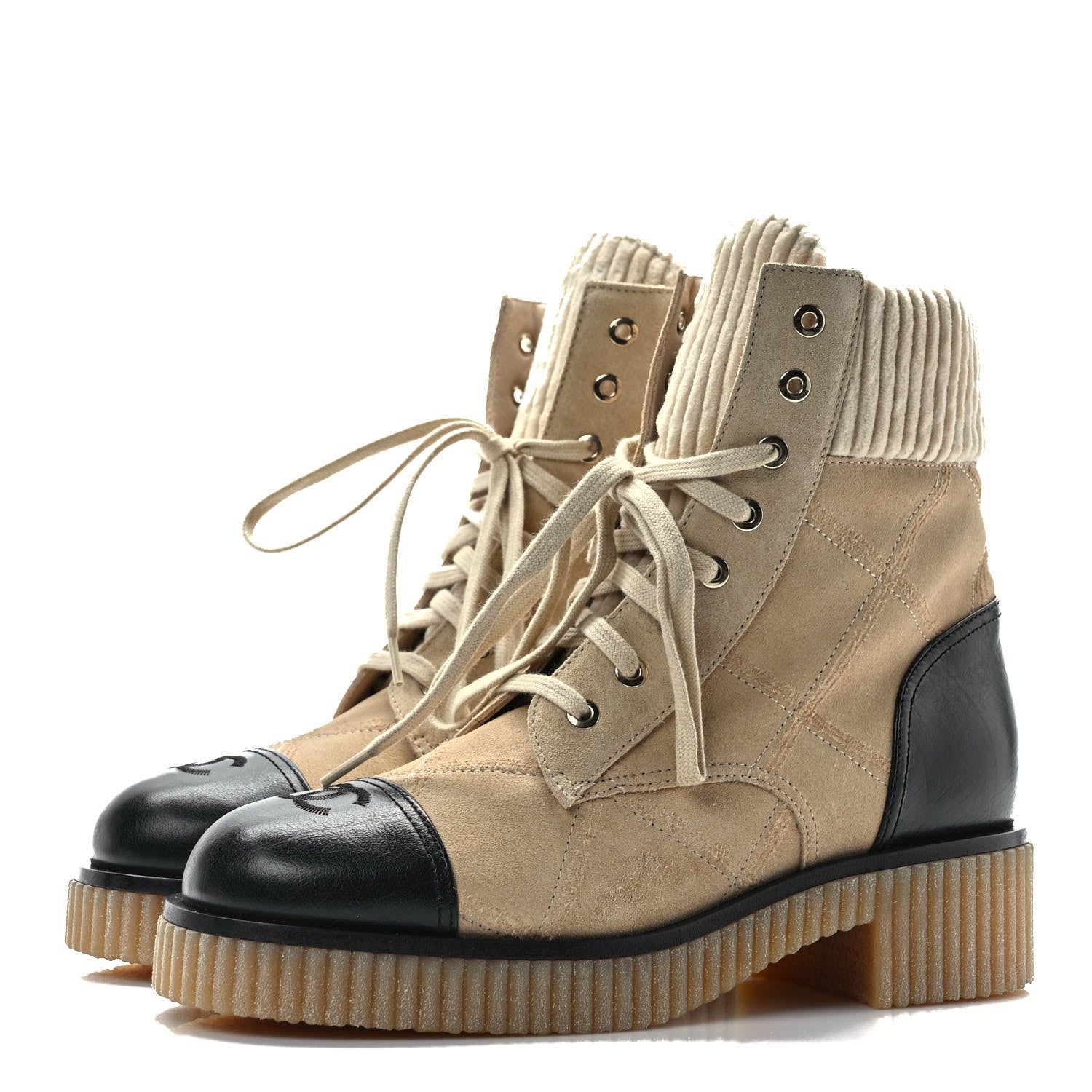 Chanel Suede Calfskin Velvet Quilted CC Combat Boots 39 Beige Black 3 of 7