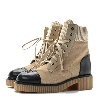 Chanel Suede Calfskin Velvet Quilted CC Combat Boots 39 Beige Black 3 of 7