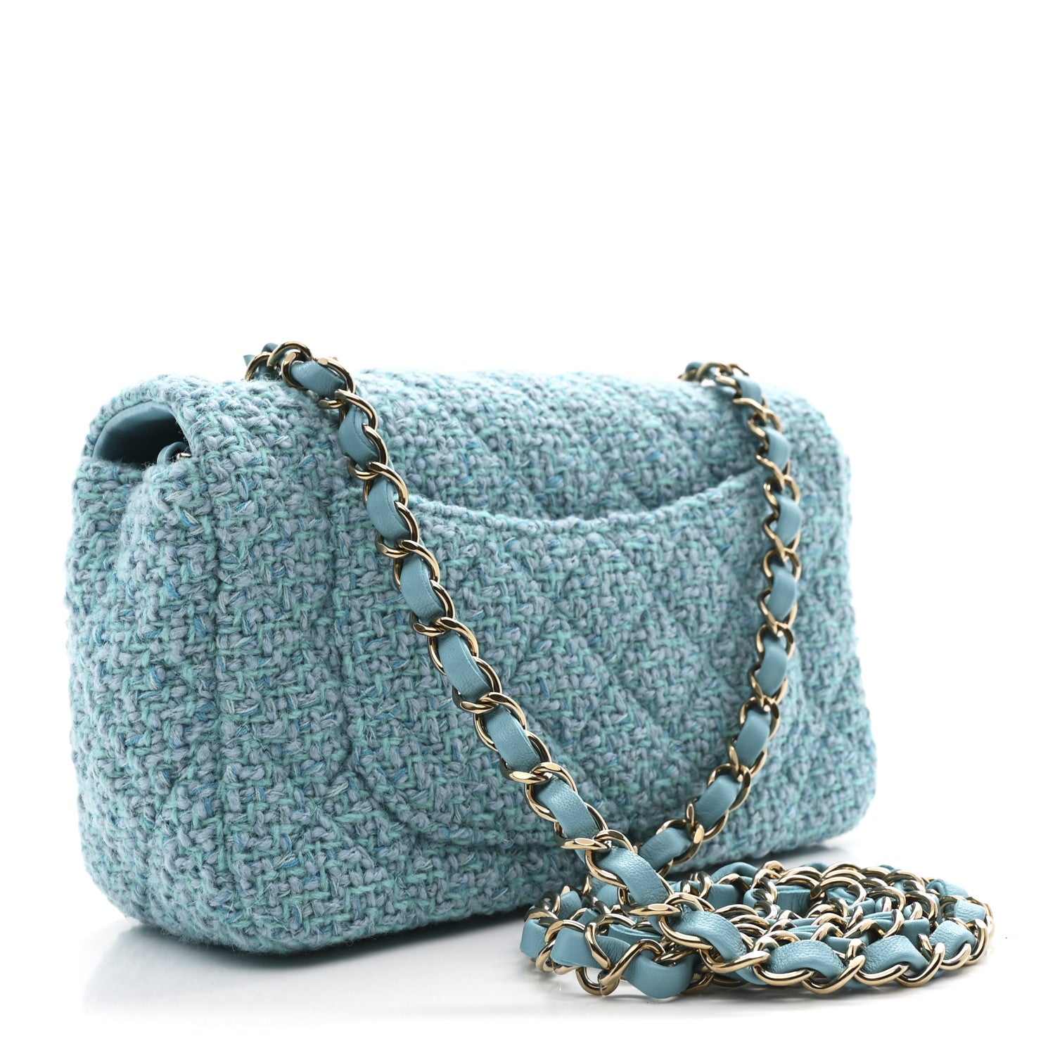 Chanel Wool Tweed Quilted Mini Rectangular Flap Turquoise Light Blue 3 of 11