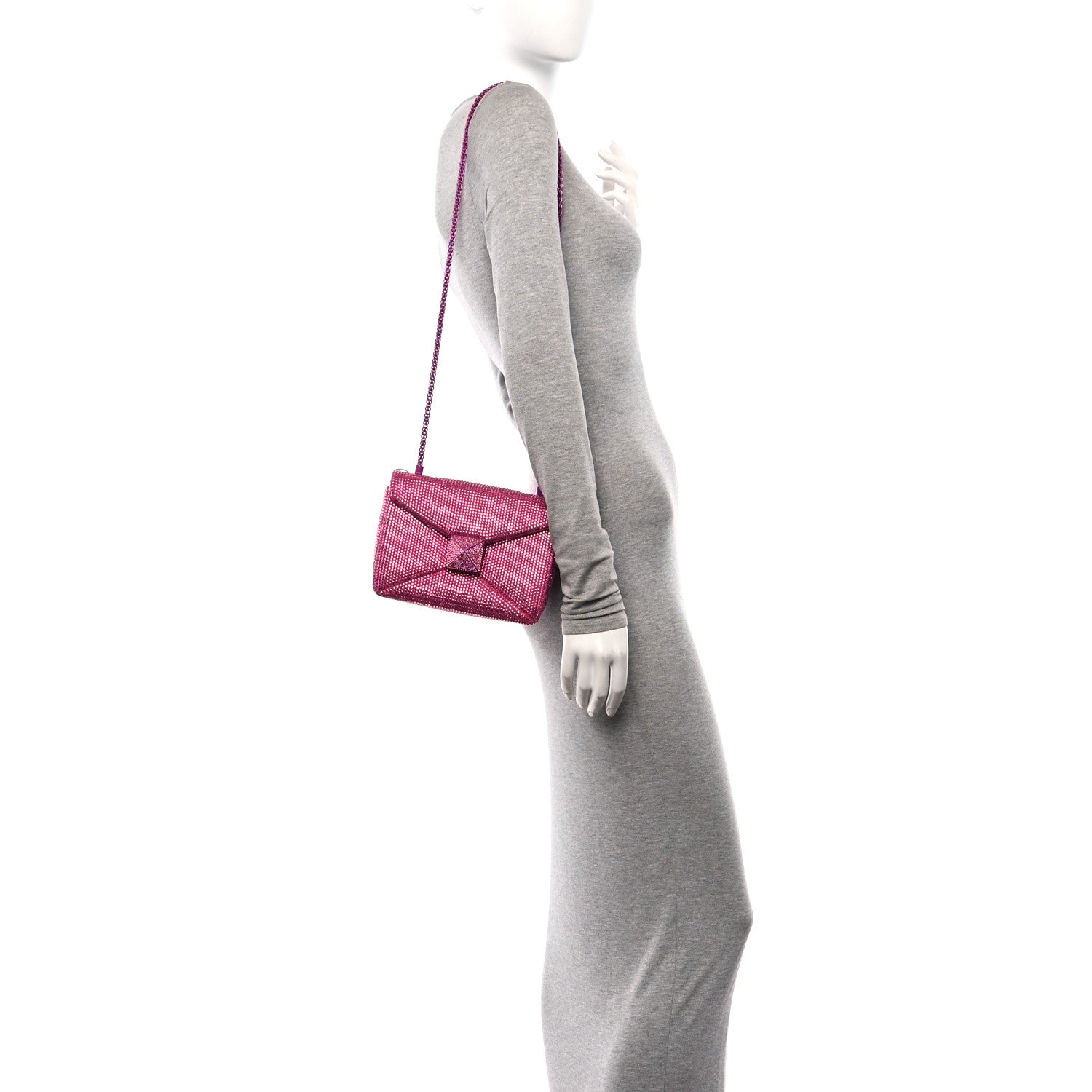 Valentino Garavani Crystal Suede Embellished Small One Stud Clutch With Chain Pink 2 of 9
