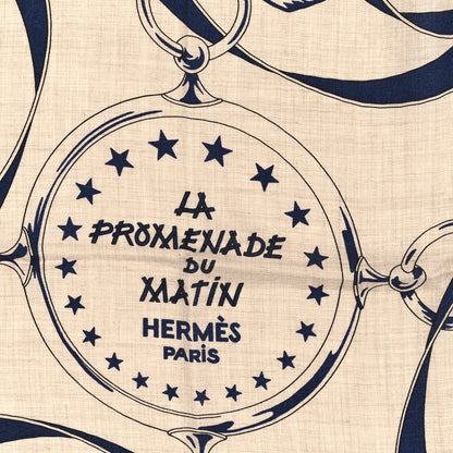Hermes Cashmere Silk La Promenade Du Matin Shawl 140 Naturel Marine Black 2 of 3