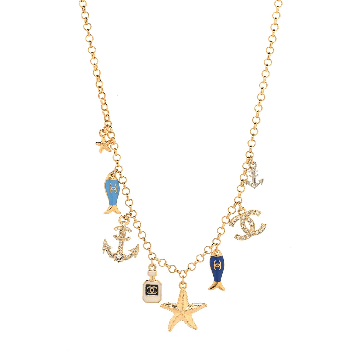 Chanel Metal Enamel Crystal Chain CC By the Sea Charms Gold Blue 1 of 5