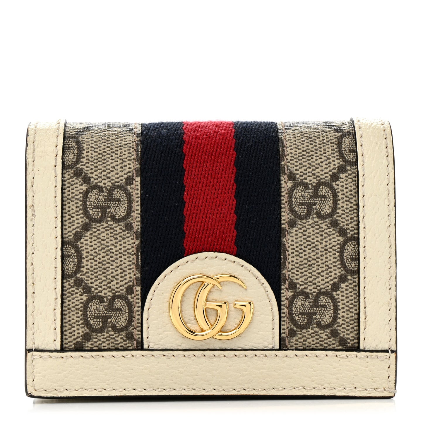 GG Supreme Monogram Textured Dollar Calfskin Web Ophidia Card Case Beige Ebony Mystic White