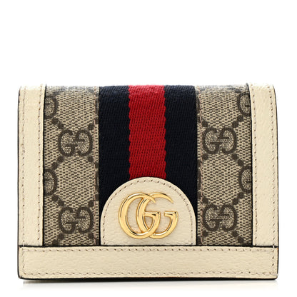Gucci GG Supreme Monogram Textured Dollar Calfskin Web Ophidia Card Case Beige Ebony Mystic White 1 of 11