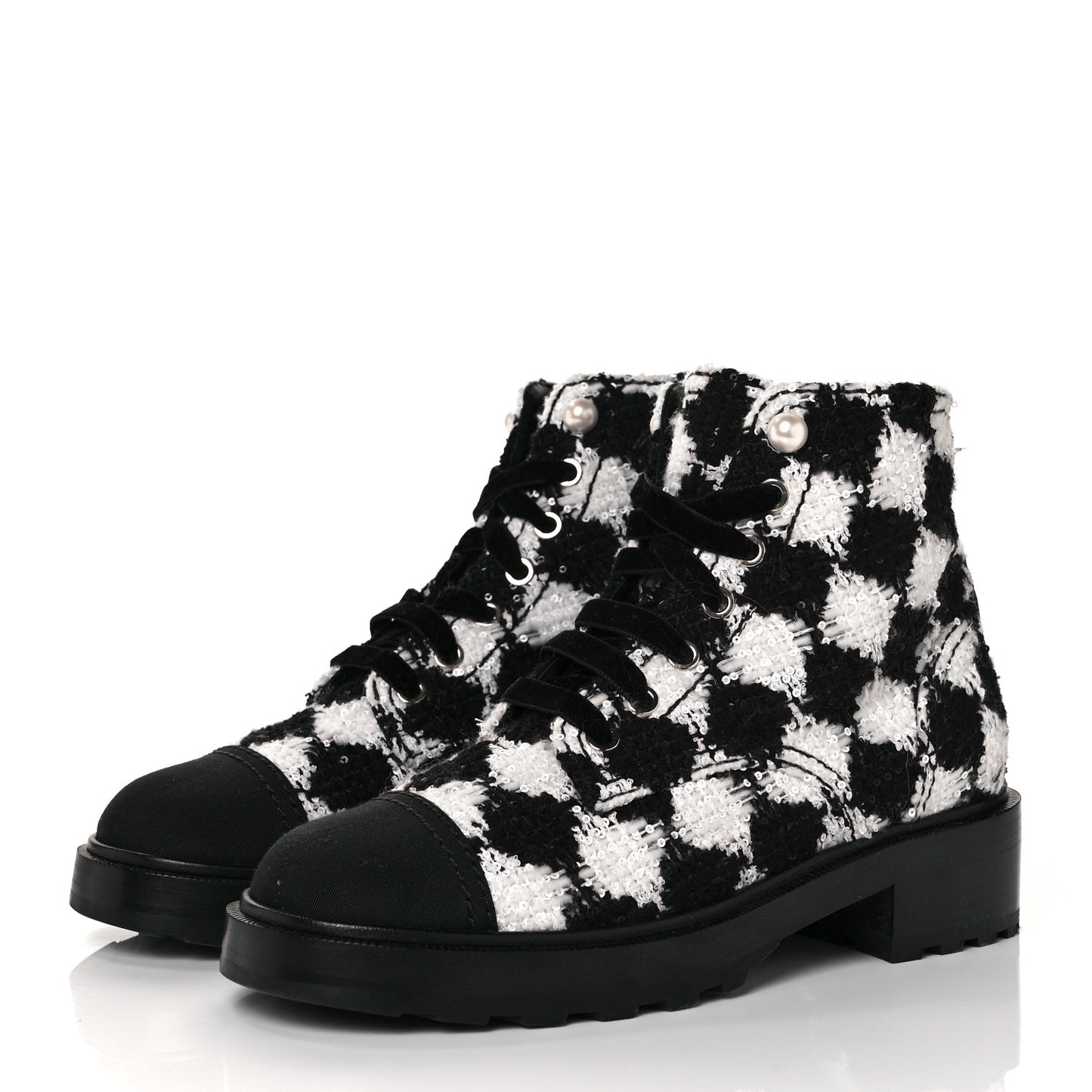 Tweed Grosgrain Pearl Combat Short Boots 38.5 White Black