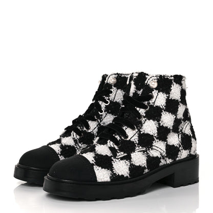 Chanel Tweed Grosgrain Pearl Combat Short Boots 38.5 White Black 3 of 7