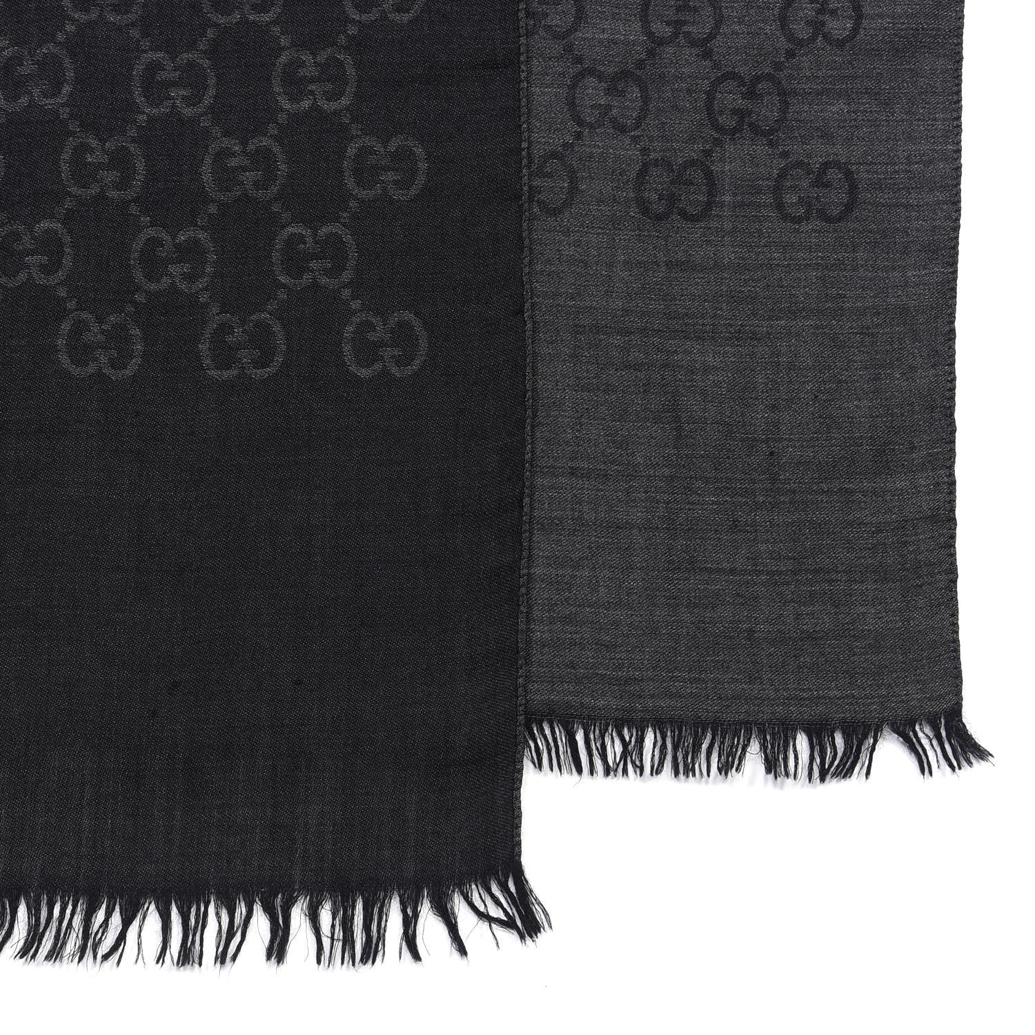 Gucci Wool Silk Jacquard Monogram Fringe Scarf Anthracite Black 3 of 4