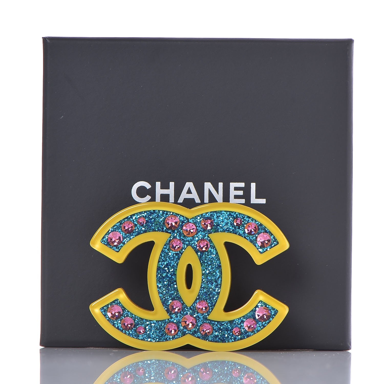 Chanel Resin Glitter Crystal CC Brooch Yellow Blue 5 of 5