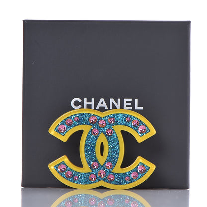 Chanel Resin Glitter Crystal CC Brooch Yellow Blue 5 of 5