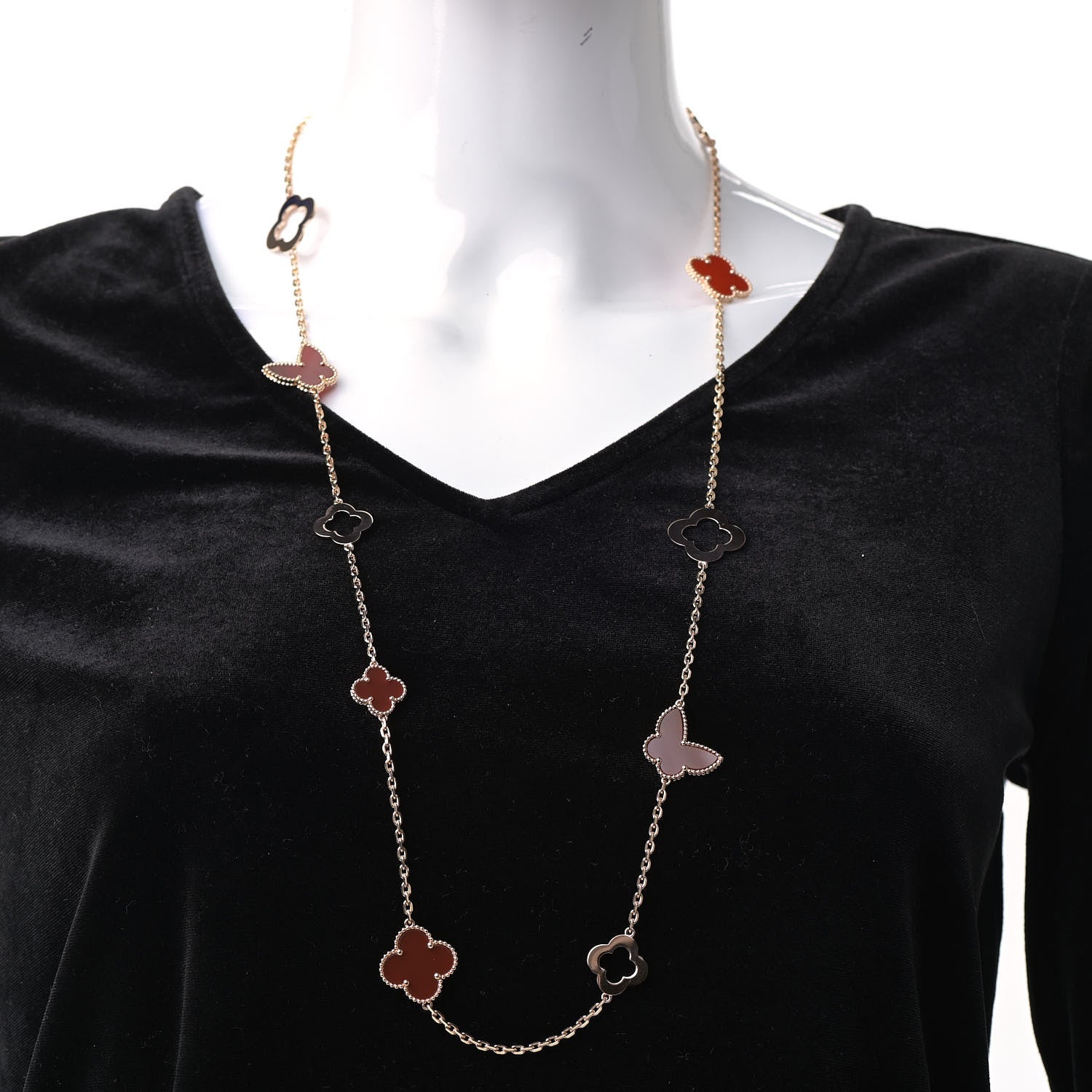 Van Cleef & Arpels 18K Rose Gold Carnelian Byzantine 11 Motif Butterfly Alhambra Necklace 2 of 8