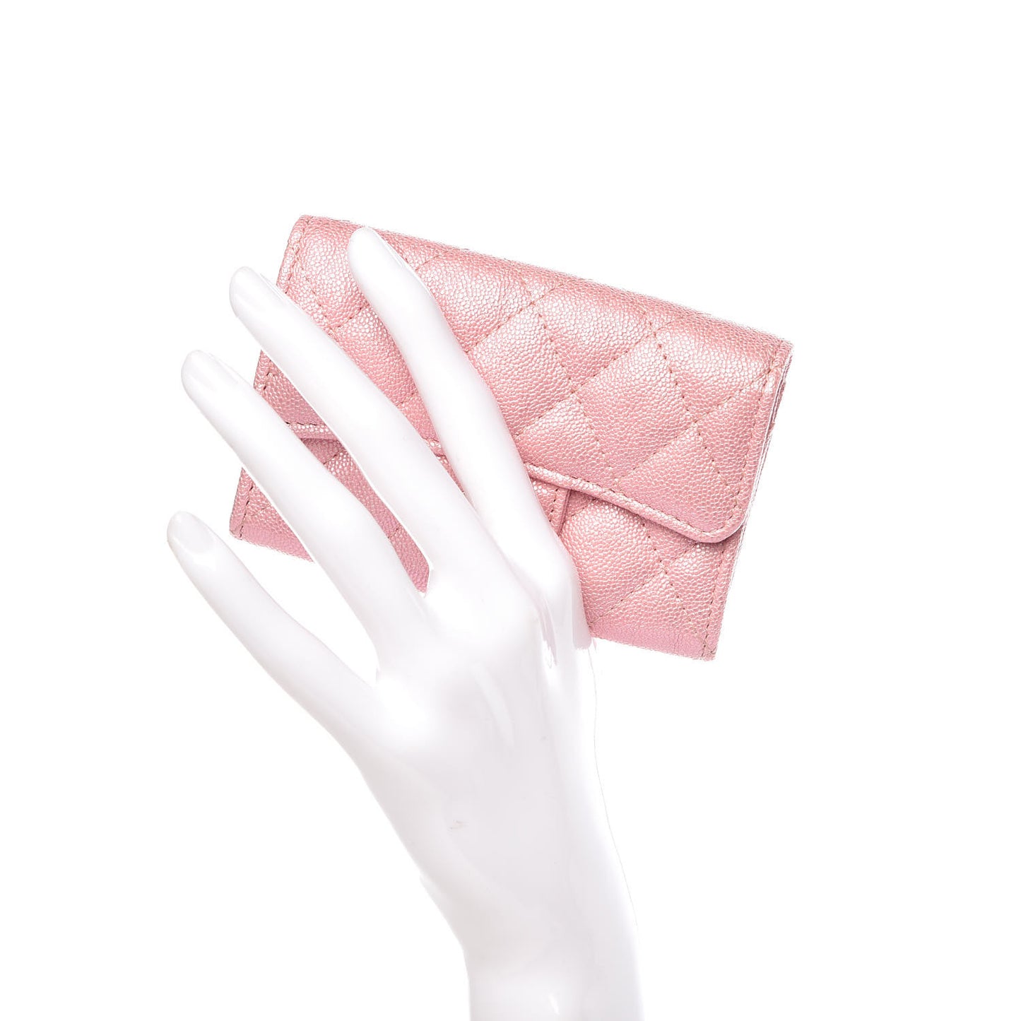 Iridescent Caviar Quilted Flap Card Holder Rose Pink