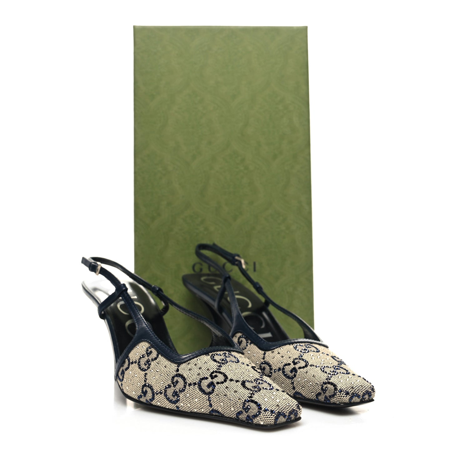 GG Monogram Malaga Kid Crystal Square G 75mm Slingback Pumps 35.5 Beige Blue