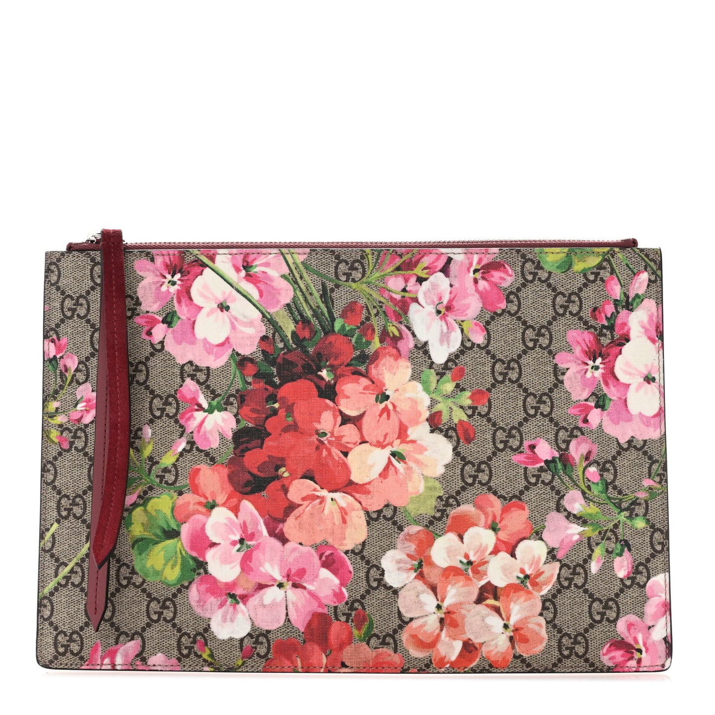 GG Supreme Monogram Blooms Suede Large Zip Pouch Beige Multicolor Dry Rose