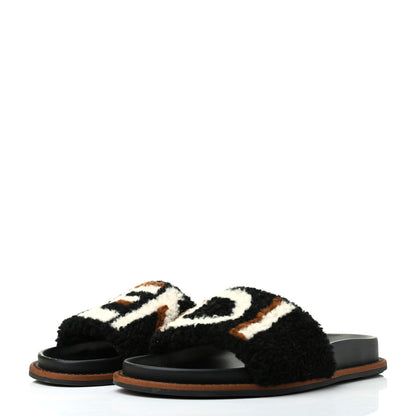 Fendi Shearling Logo Slide Sandals 36.5 Black Latte Brownie 3 of 11