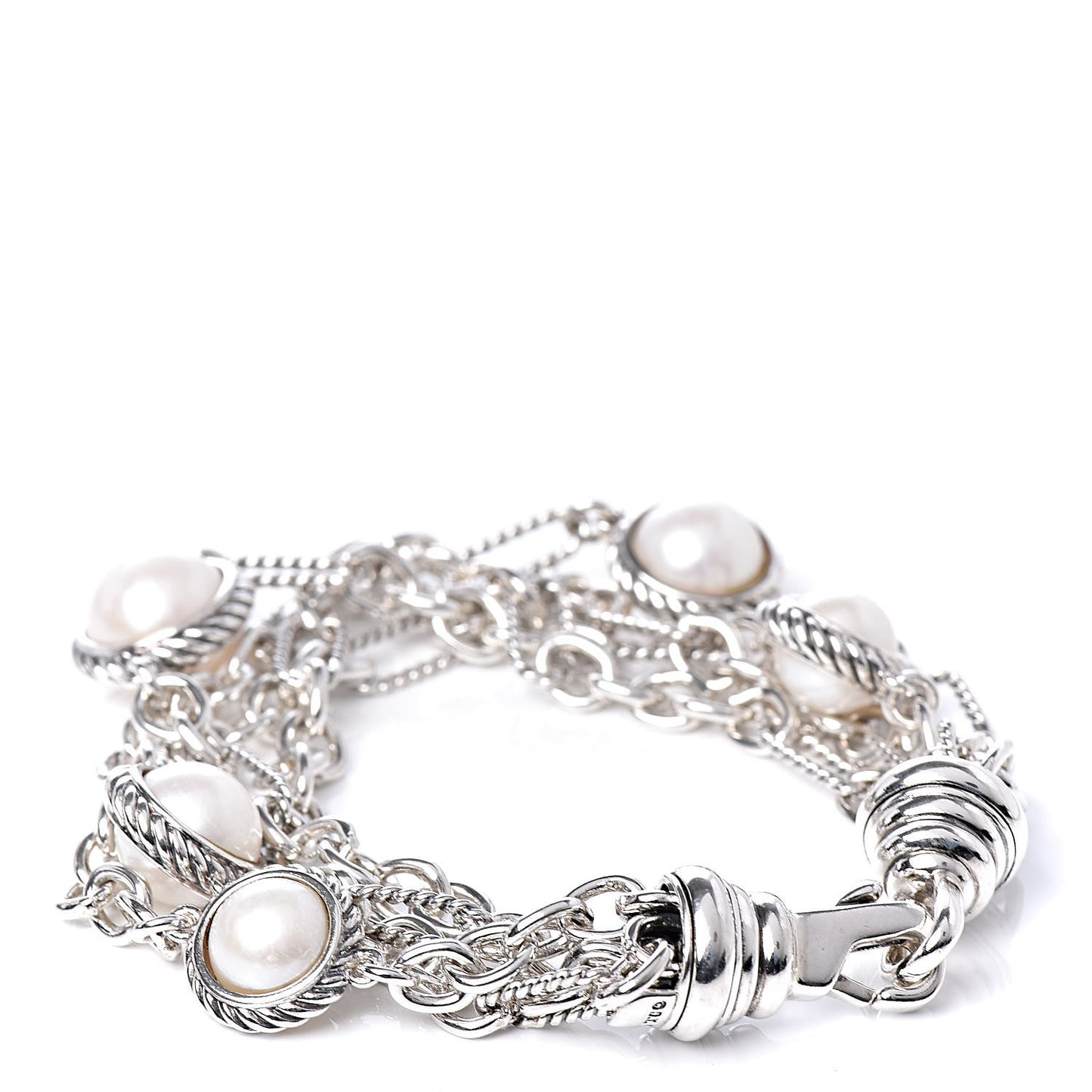 Sterling Silver 18K Yellow Gold Pearl Four Row Figaro Bracelet