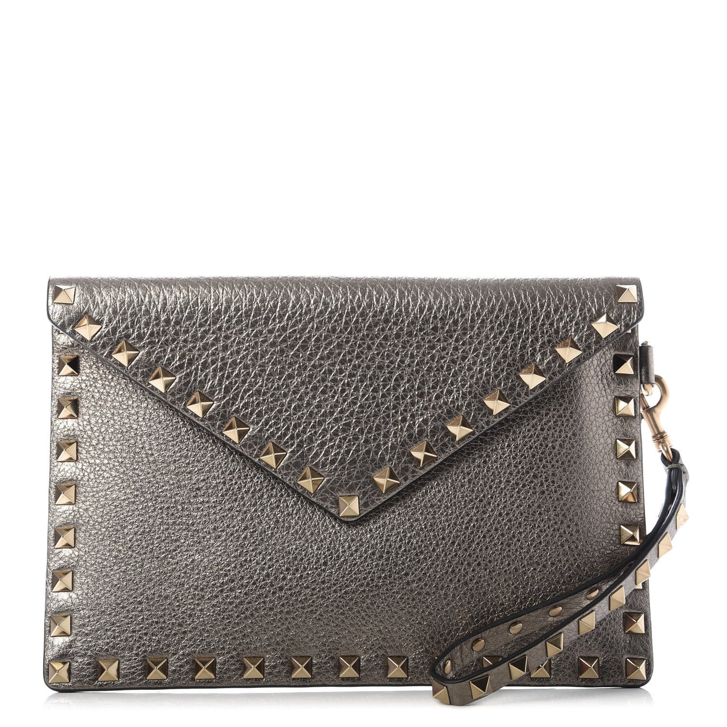 Metallic Pebbled Calfskin Medium Rockstud Envelope Flat Wristlet Pouch Sasso