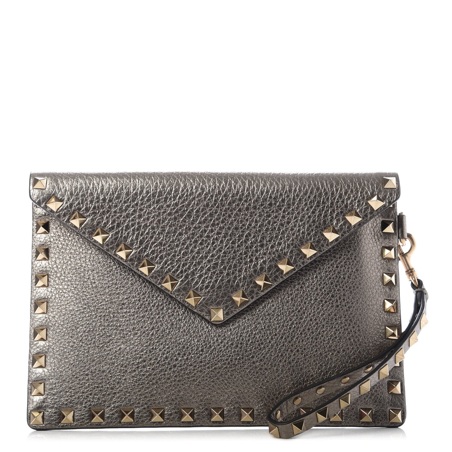 Valentino Garavani Metallic Pebbled Calfskin Medium Rockstud Envelope Flat Wristlet Pouch Sasso 1 of 7