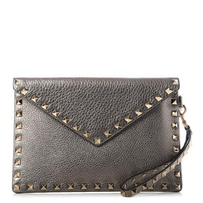 Valentino Garavani Metallic Pebbled Calfskin Medium Rockstud Envelope Flat Wristlet Pouch Sasso 1 of 7