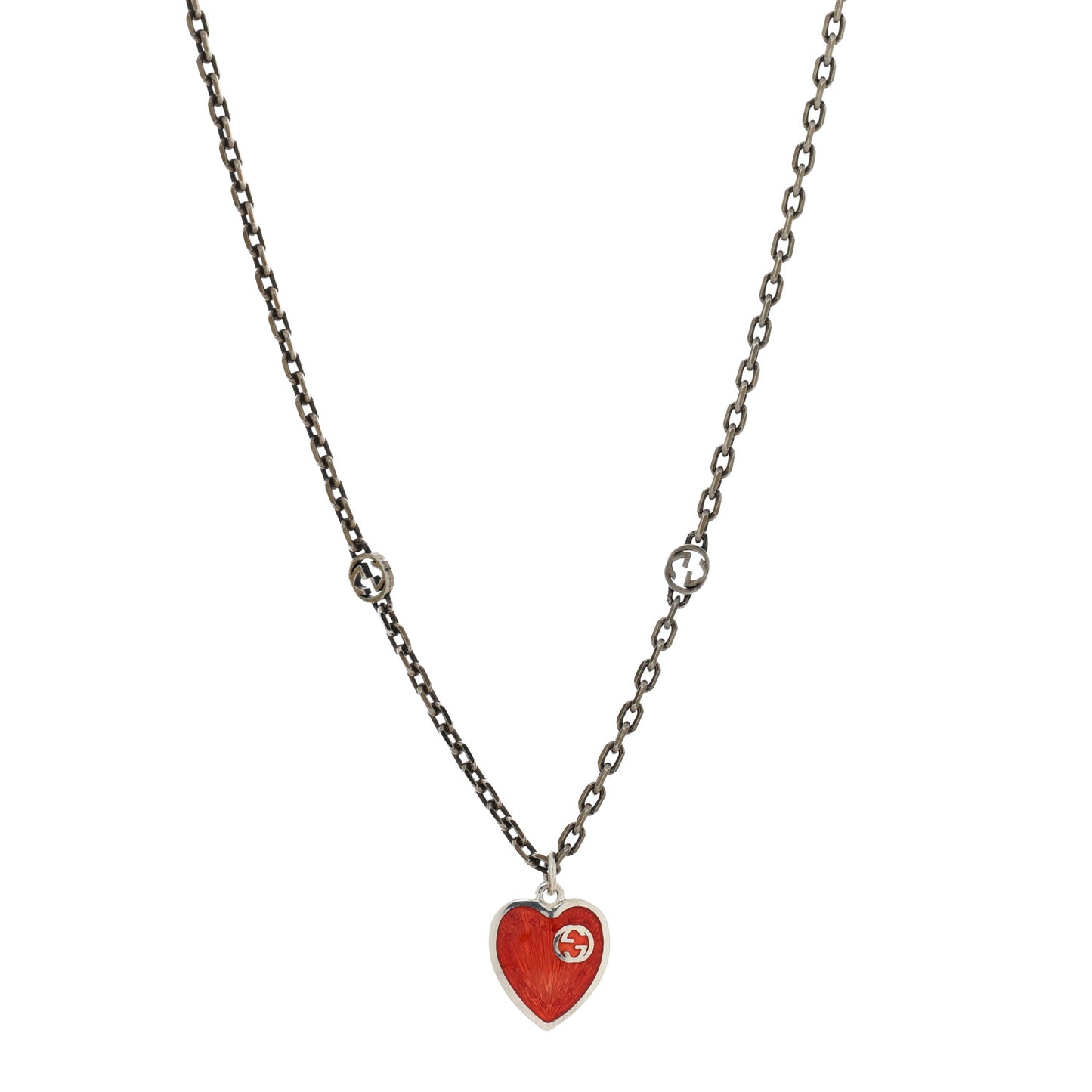 Sterling Silver Enamel Interlocking G Heart Necklace Red