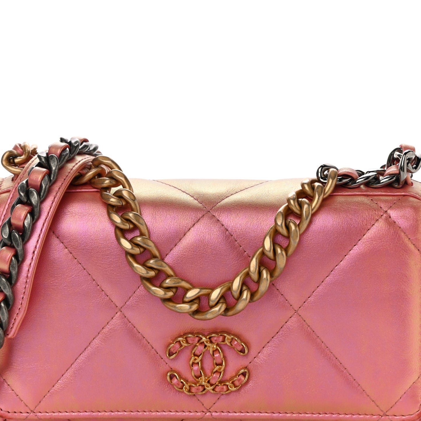 Iridescent Calfskin Quilted Chanel 19 Wallet On Chain WOC Pink