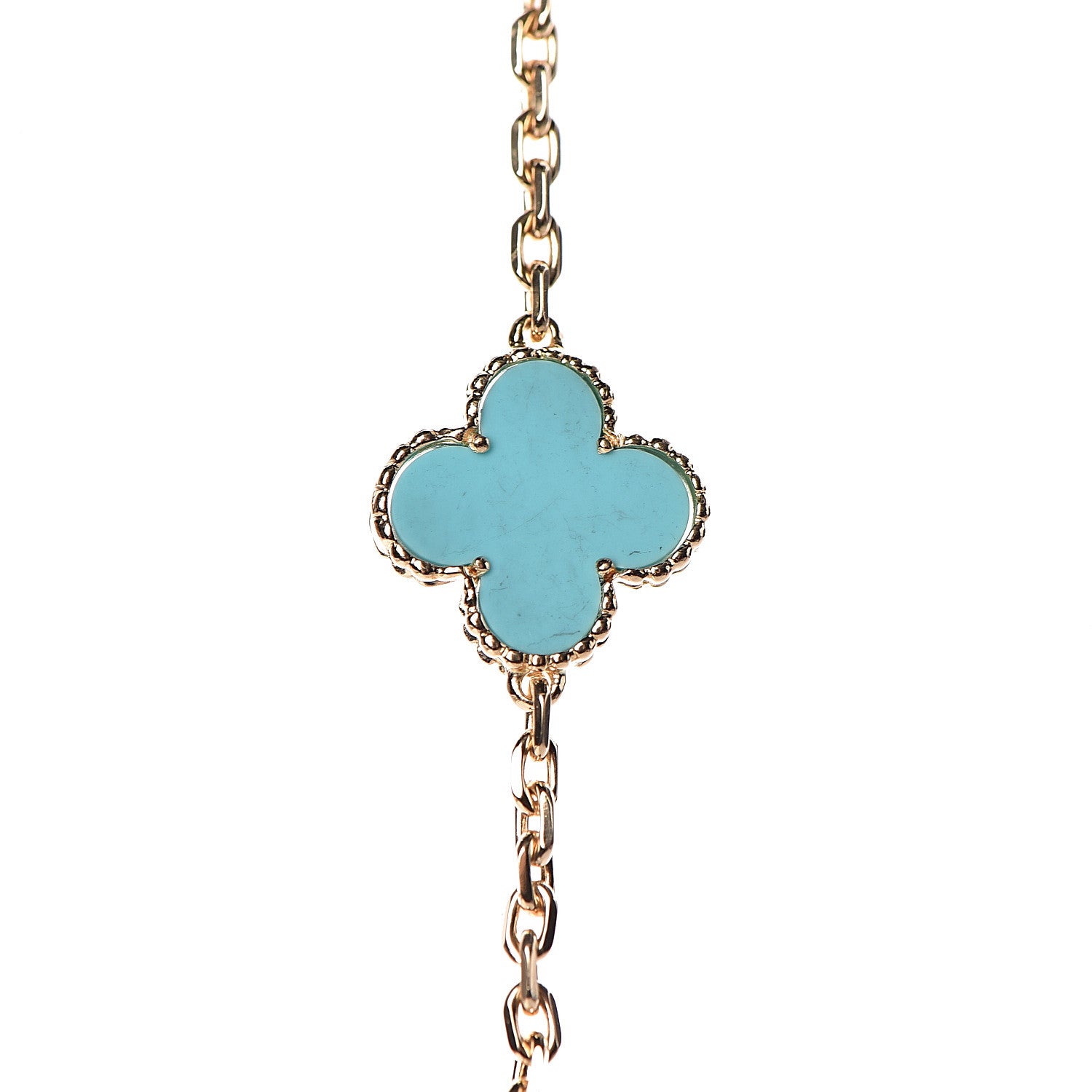 Van Cleef & Arpels 18K Yellow Gold Turquoise 10 Motifs Vintage Alhambra Necklace 13 of 15