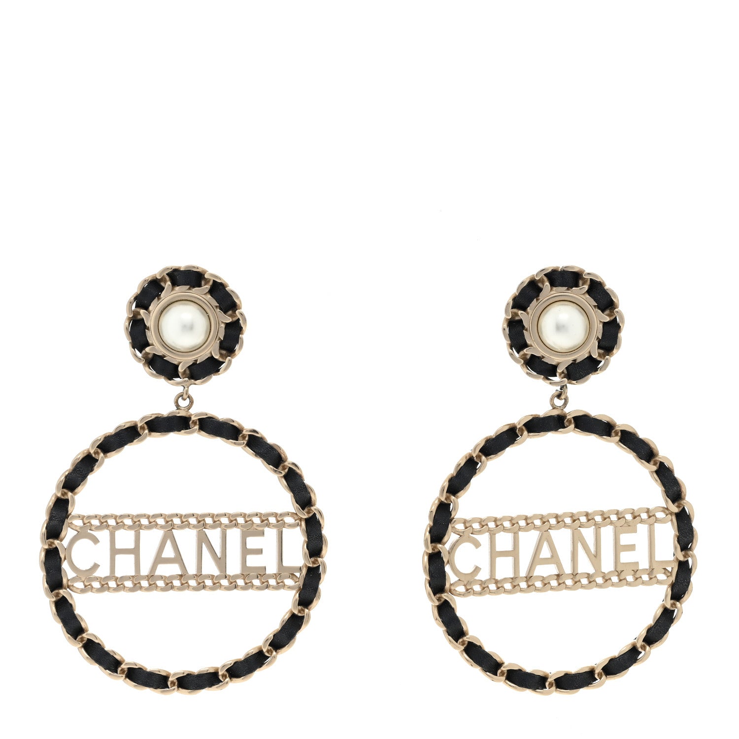 Chanel Pearl Lambskin Chain Logo Hoop Clip On Earrings Black Gold 1 of 4
