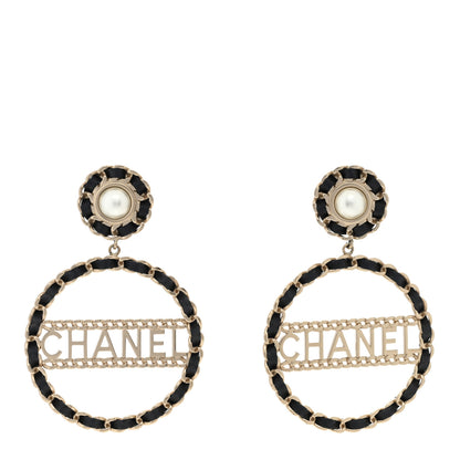 Chanel Pearl Lambskin Chain Logo Hoop Clip On Earrings Black Gold 1 of 4