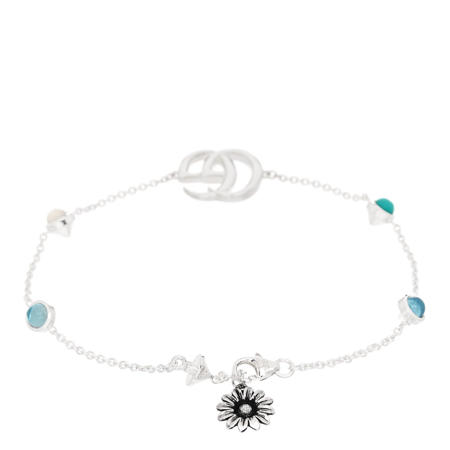Sterling Silver Blue Topaz Mother of Pearl Resin Double G Flower Bracelet Turquoise