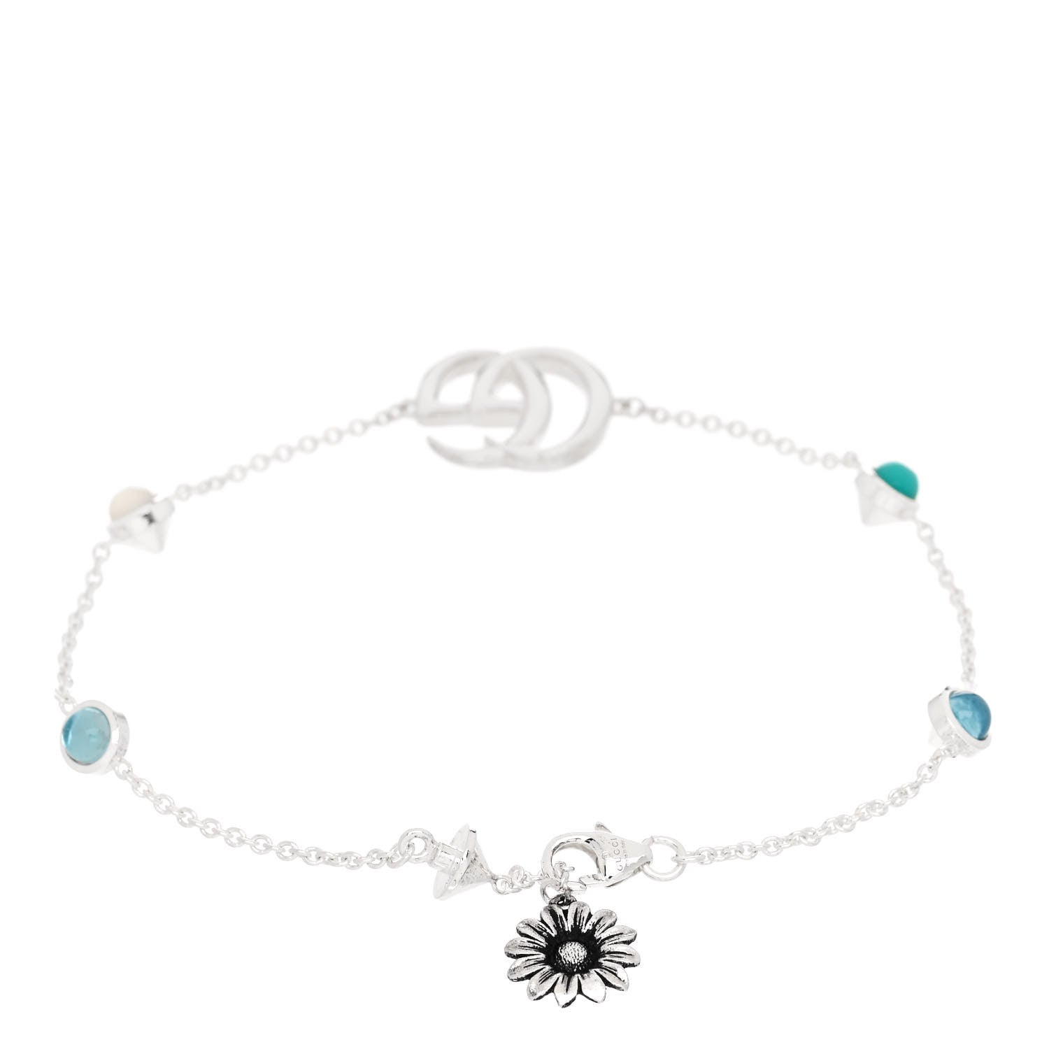 Gucci Sterling Silver Blue Topaz Mother of Pearl Resin Double G Flower Bracelet Turquoise 2 of 4