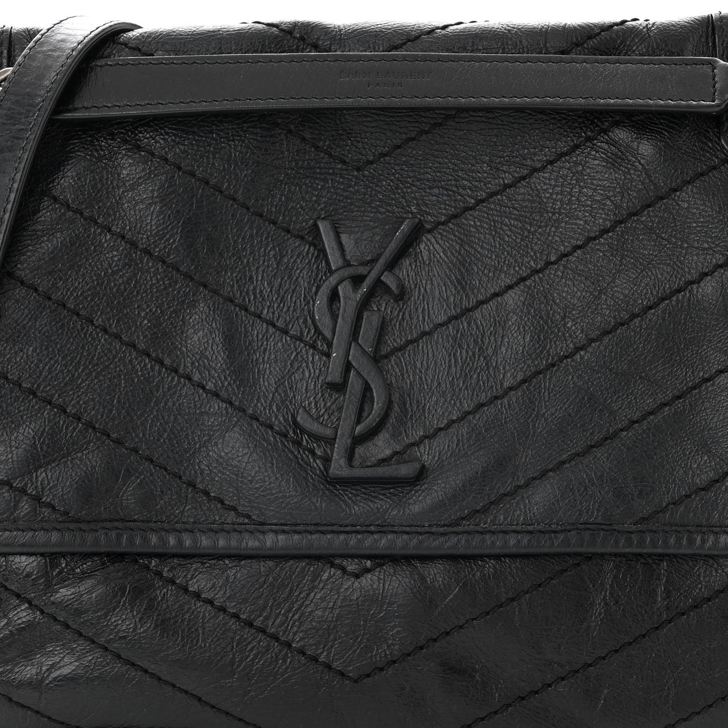 Crinkled Calfskin Matelasse Monogram Medium Niki Chain Satchel Black