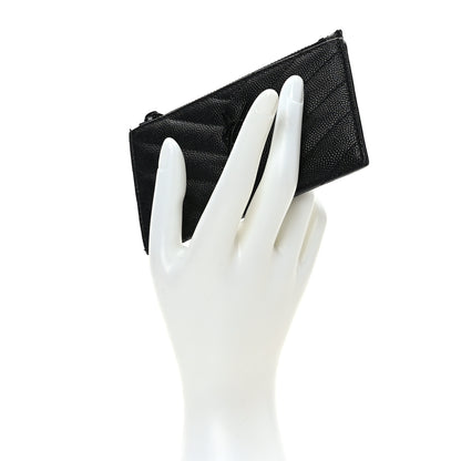 Saint Laurent Grain De Poudre Matelasse Chevron Monogram Fragments Zippered Card Case Black 2 of 8