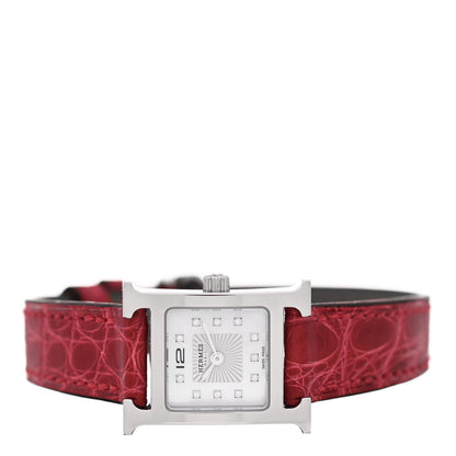 Hermes Stainless Steel Alligator Diamond Mother of Pearl 17.2mm Heure H Hour Quartz Watch Braise 2 of 5