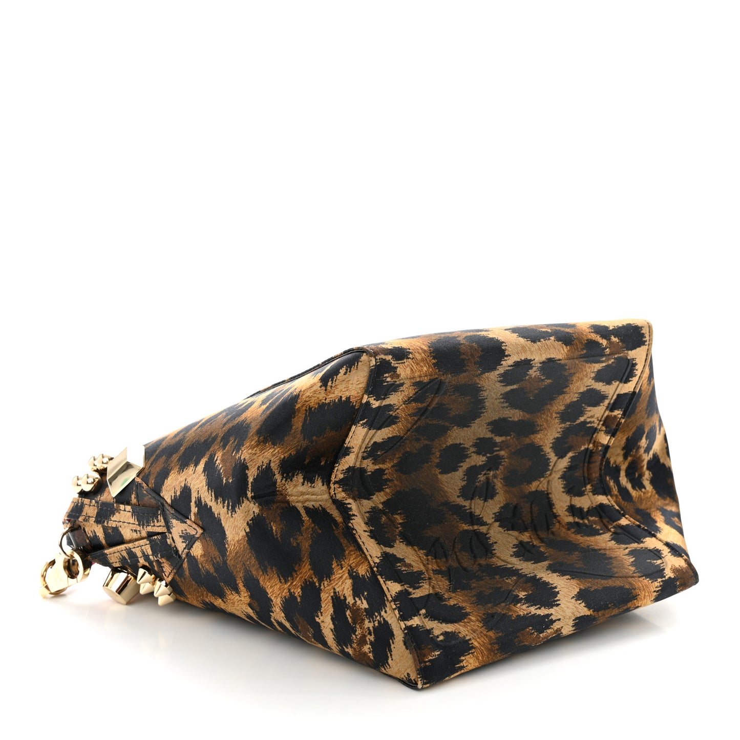 Crepe Satin Leopard Print Empire Spike Studded Mini Cabachic Bucket Bag Brown