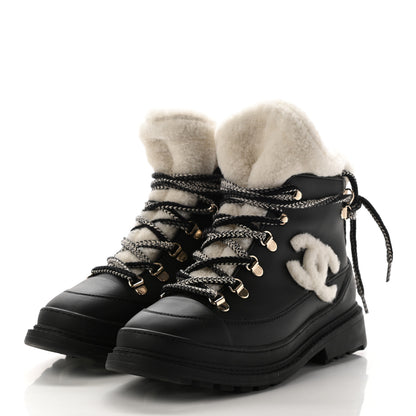 Chanel Calfskin Shearling CC Lace Up Boots 37 Black White 3 of 7