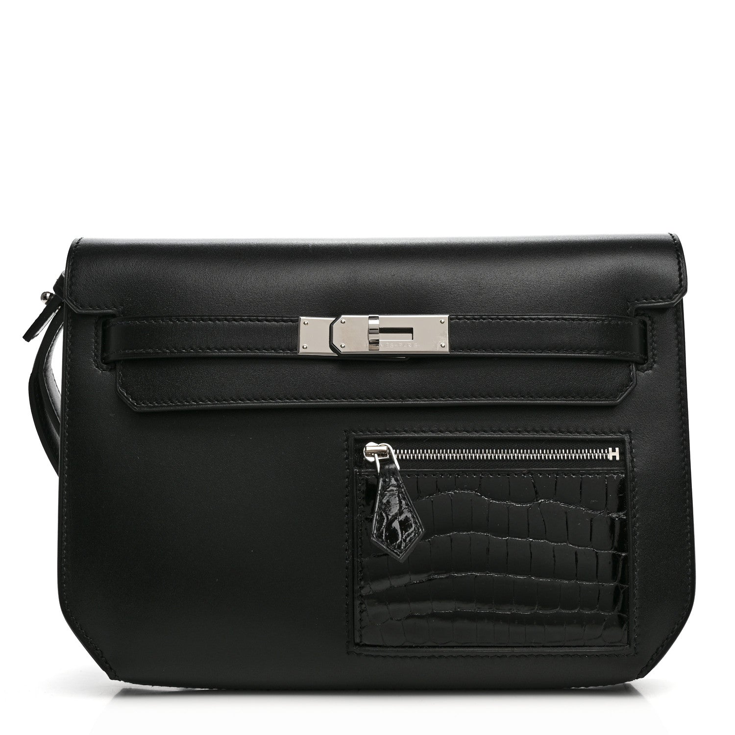 Hermes Swift Shiny Niloticus Crocodile Kelly Depeches 25 Pouch Black 1 of 7