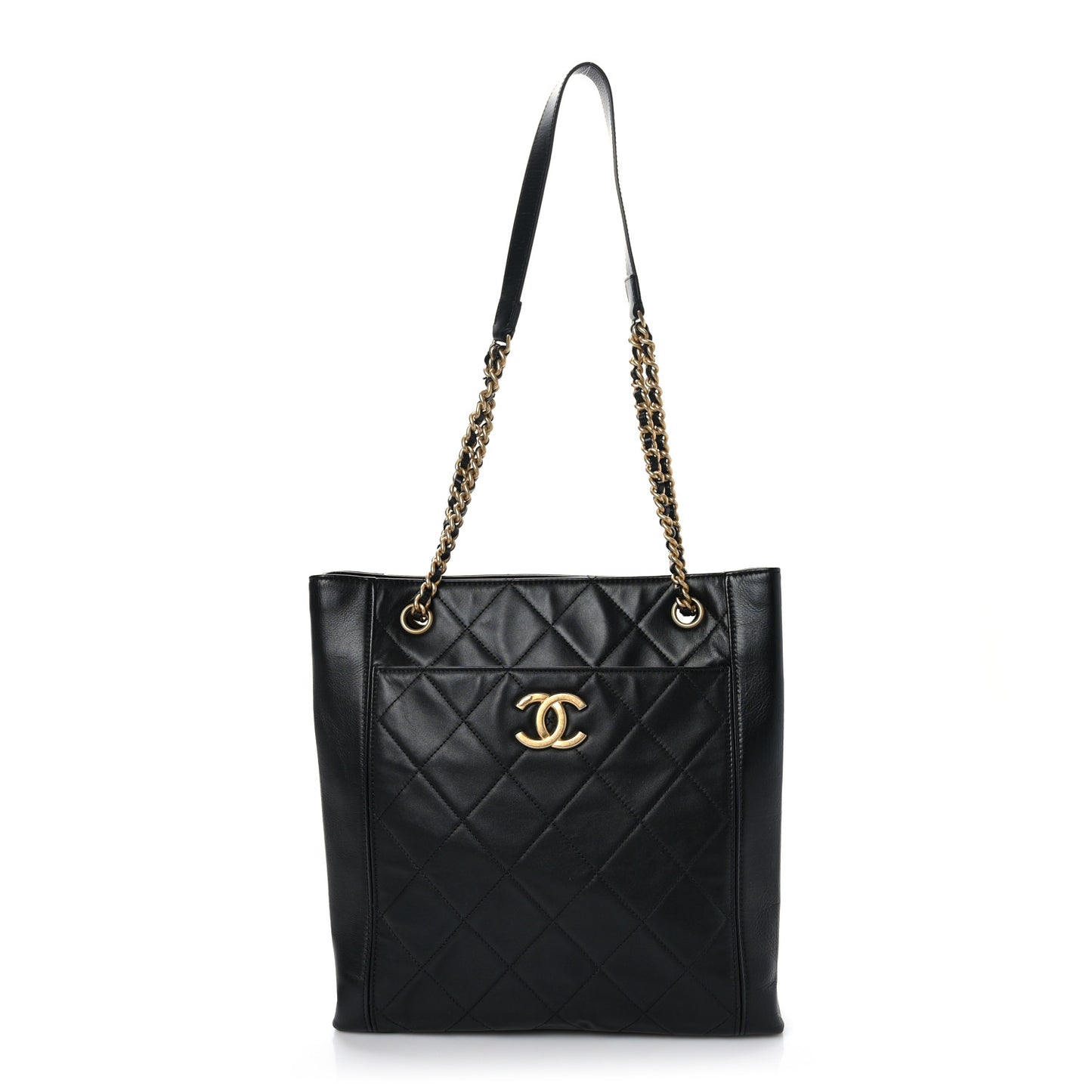 Calfskin Quilted CC Front Pocket Shopping Tote Black