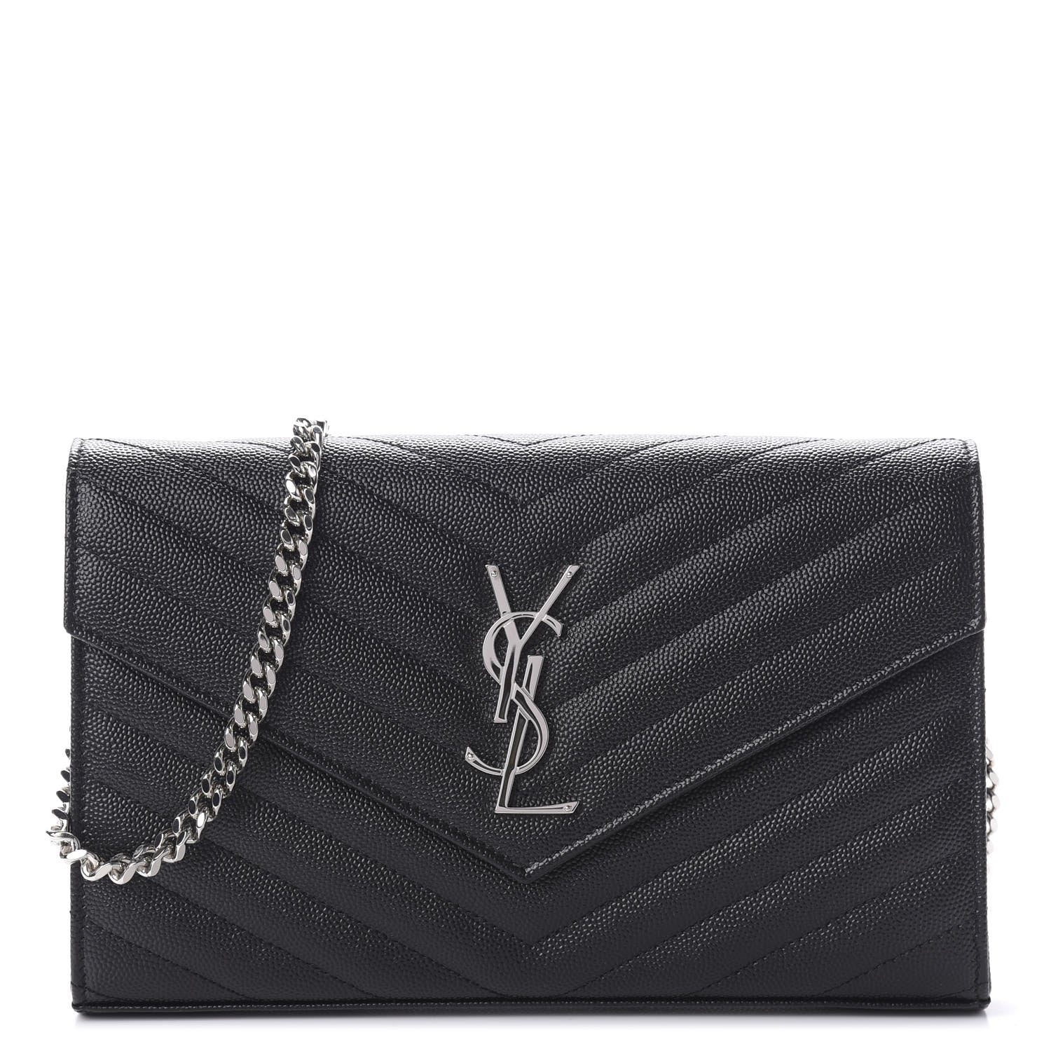 Saint Laurent Grain De Poudre Matelasse Chevron Monogram Chain Wallet Black 1 of 9