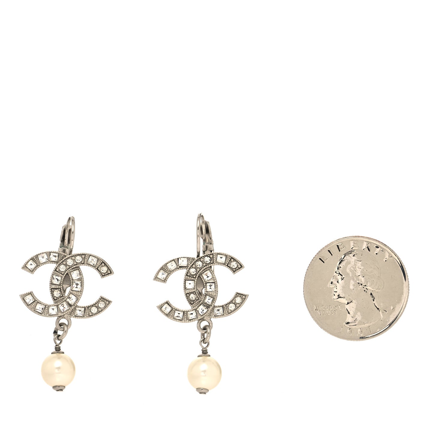 Crystal Pearl CC Drop Earrings Silver