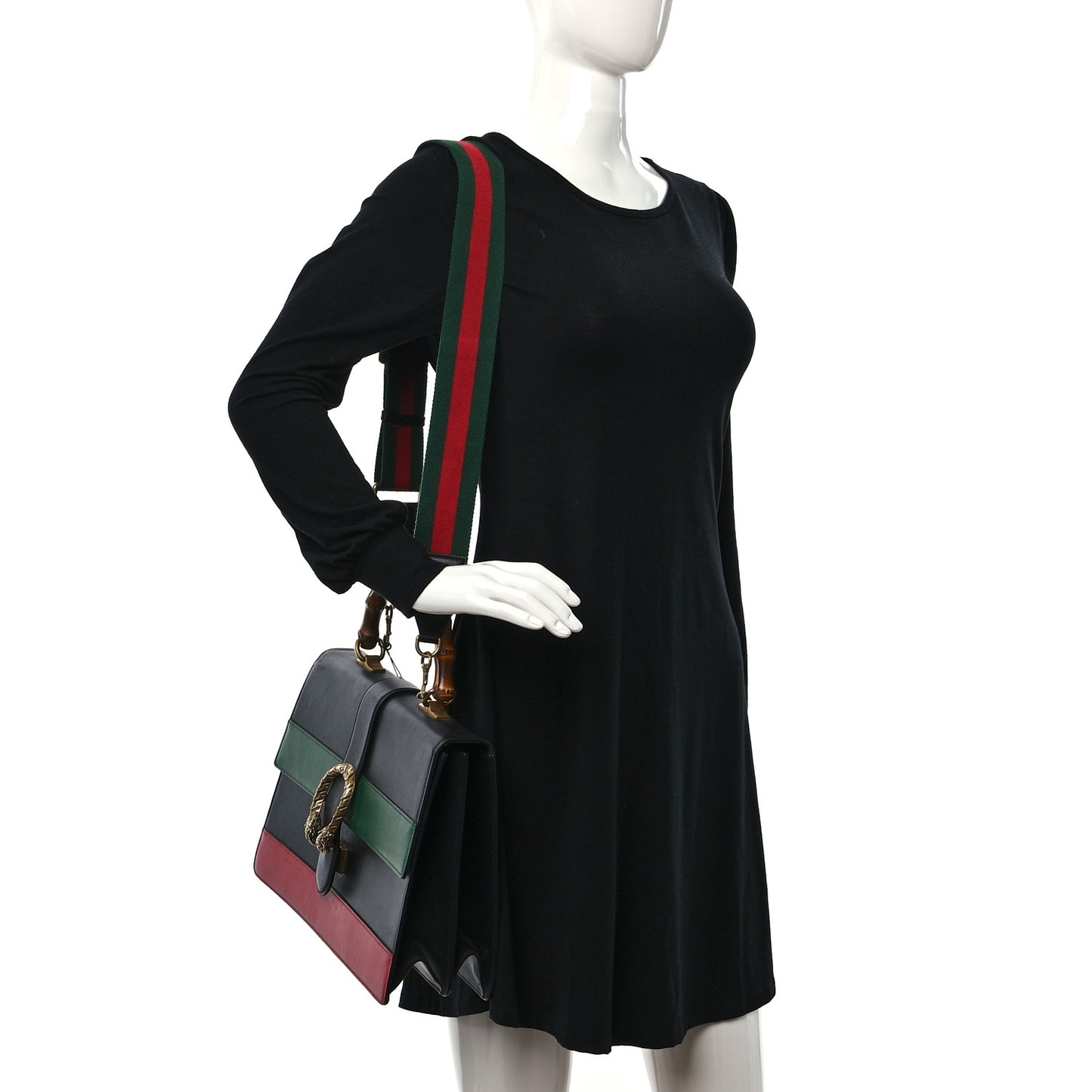 Calfskin Bamboo Web Large Dionysus Top Handle Bag Black Bright Evergreen Hibiscus Red