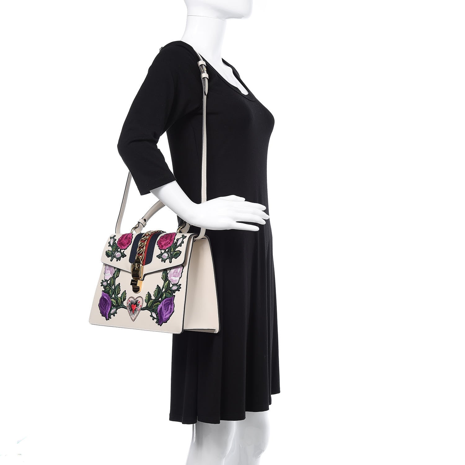 Gucci Calfskin Embroidered Medium Sylvie Top Handle Bag White 2 of 12