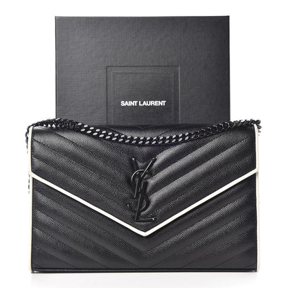 Saint Laurent Grain De Poudre Matelasse Chevron Monogram Chain Wallet Black White 14 of 14