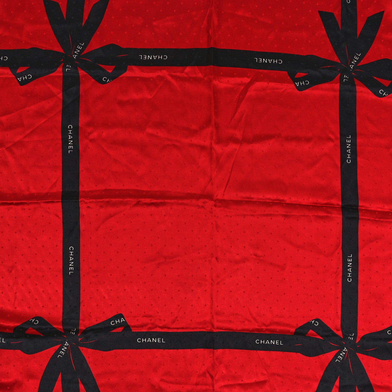 Chanel Silk Logo Ribbon Square Scarf Red Black 2 of 3