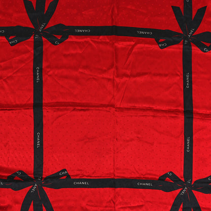 Chanel Silk Logo Ribbon Square Scarf Red Black 2 of 3