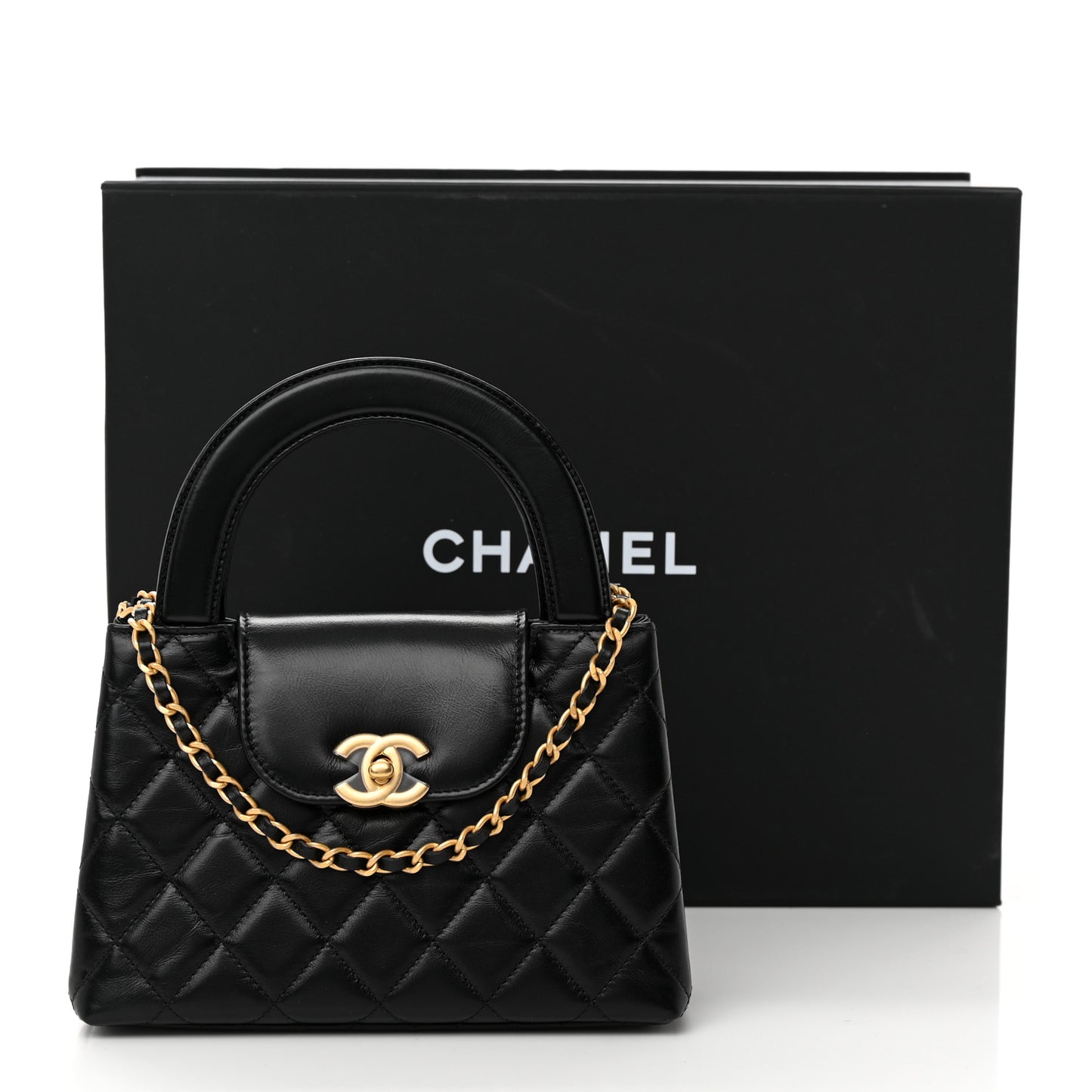 Shiny Aged Calfskin Quilted Nano Kelly Shopper Black
