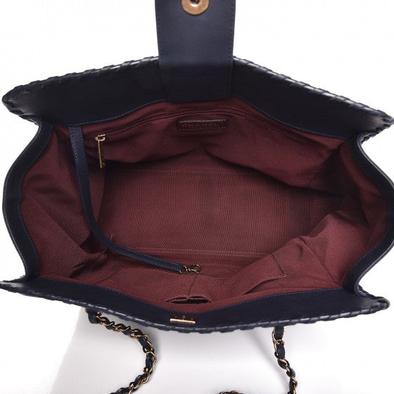 Iridescent Calfskin Quilted Happy Stitch Shopping Tote Navy Blue