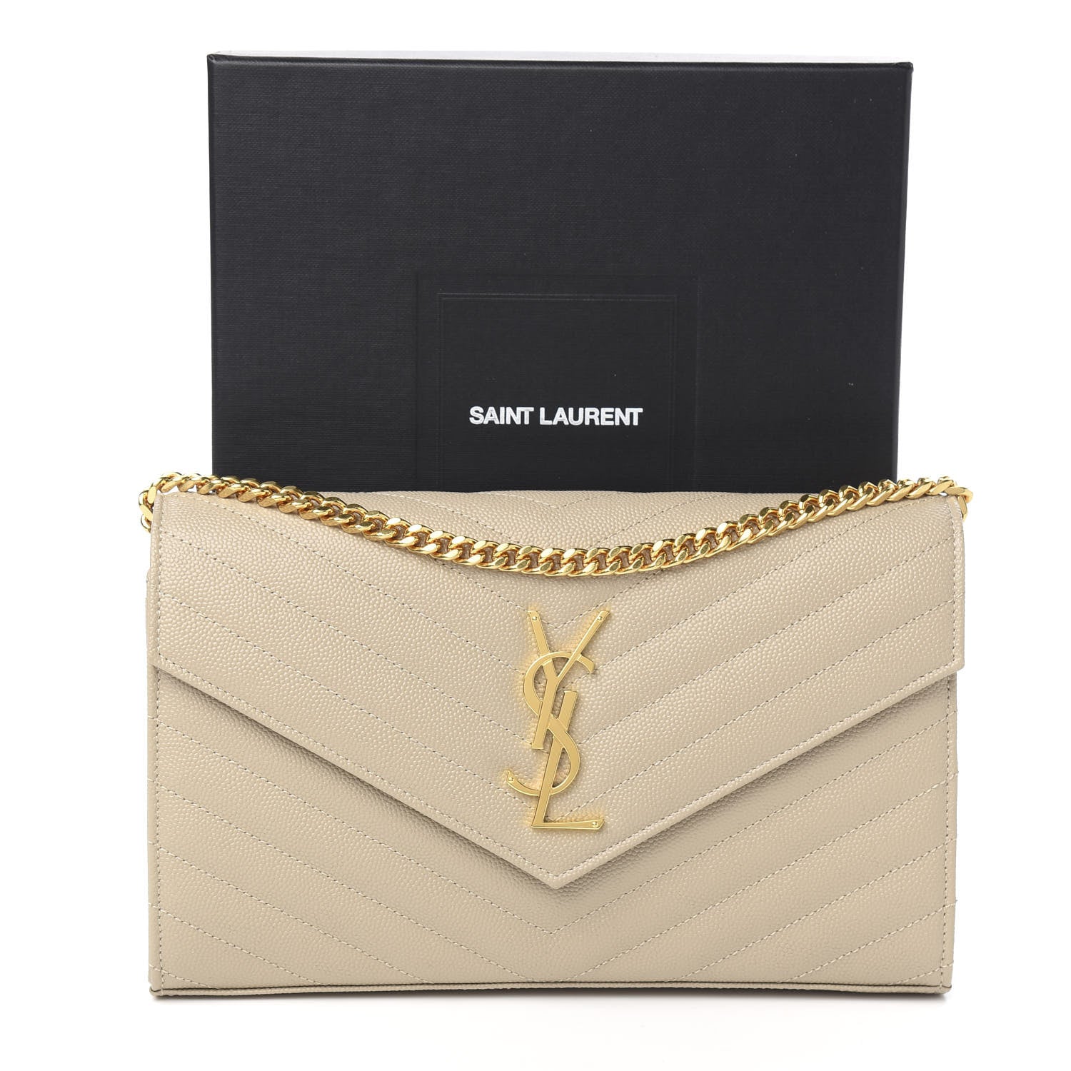 Saint Laurent Grain De Poudre Matelasse Monogram Chain Wallet Sea Salt 9 of 9