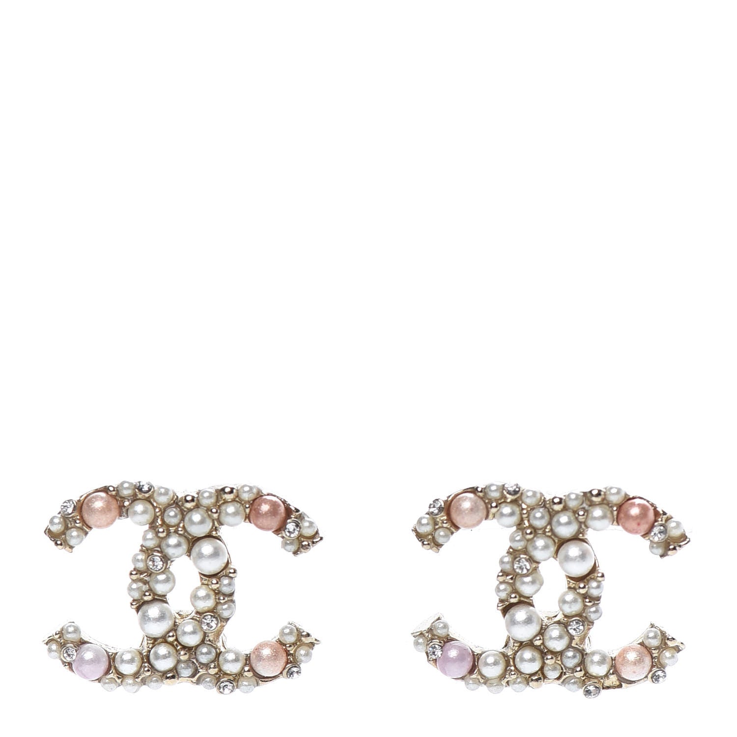 Chanel Pearl Crystal CC Charms Stud Earrings Light Gold Pink 1 of 4