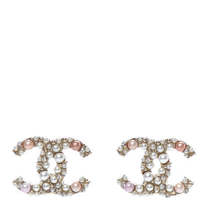 Chanel Pearl Crystal CC Charms Stud Earrings Light Gold Pink 1 of 4